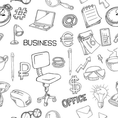 Ofis, banka donatımı seamless modeli. İleti örneği doodle tarzı topluluğu