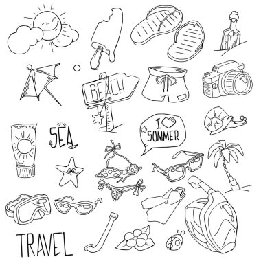 Renkli vektör elle çizilmiş doodle çizgi film set plaj tatil tesisleri ve karakter