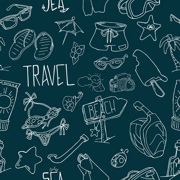 Yaz Dikişsiz desen. El vektör yaz semboller ve nesneleri çekilmiş. Renkli tropikal tatil tasarım seyahat. Yaz tatil kavramı