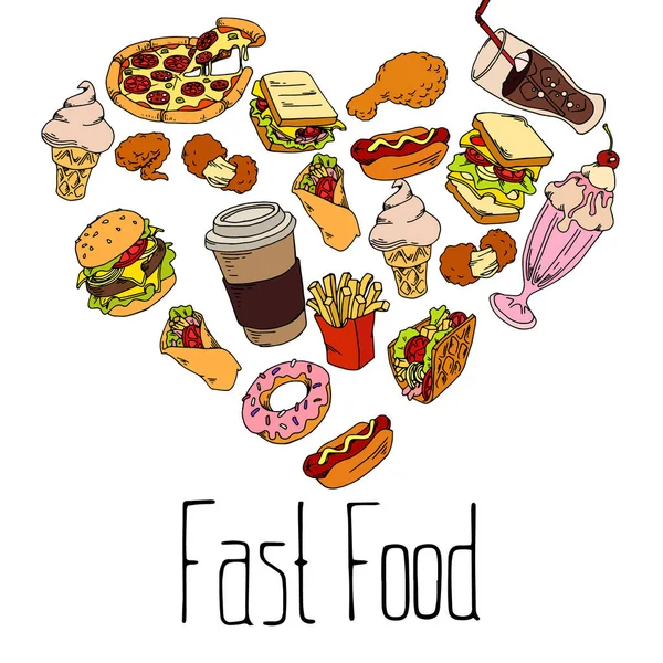 lezzetli ve sulu hızlı hazırlama ürünleri kümesi. sokak gıda ve beyaz arka plan üzerinde izole kafeler gerçekçi renkli kroki çizimi