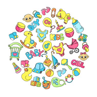 Yeni doğan bebek temalı şirin doodle küme. Bebek bakım, beslenme, giyim, oyuncak, sağlık malzeme, Emanet, aksesuarlar. İzole vektör çizimler