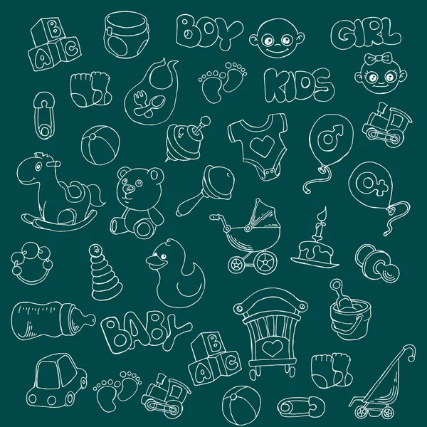 Yeni doğan bebek bakım karikatür doodle nesneleri ve öğeleri kümesi vektör el çekilmiş.