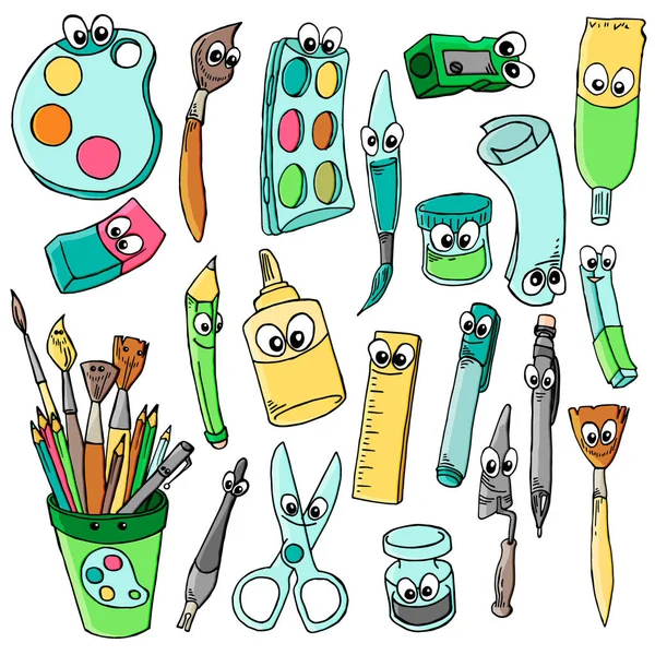 Sevimli çizgi okul karakterler koleksiyonu. Beyaz arka plan üzerinde izole okul nesneleri vektör Illustration. Komik suratlar okuluna geri dön