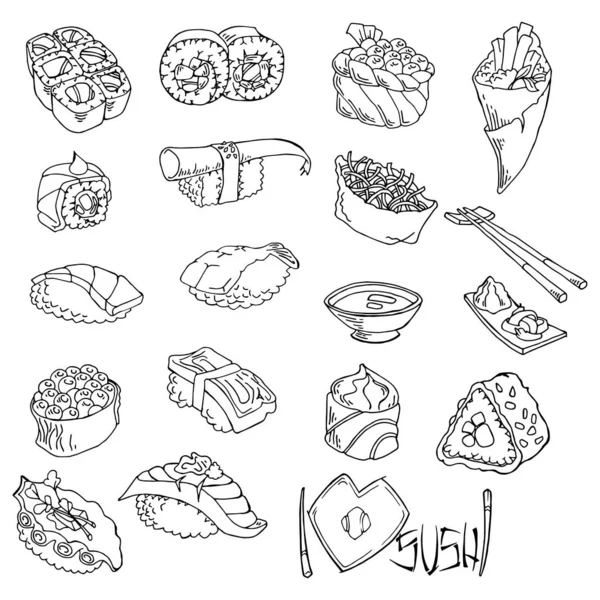 Suşi ve rulo vektör arka plan. Beyaz üzerinde elle çizilmiş grafikler