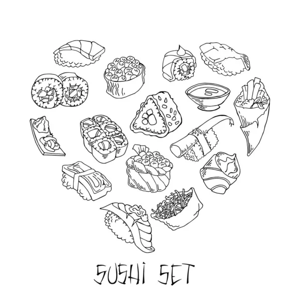 Sushi Rollos Fondo Vectorial Gráficos Dibujados Mano Blanco — Vector de stock