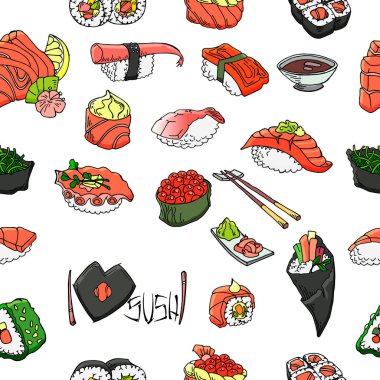 Suşi ve rulo vektör dikişsiz desen. Beyaz üzerinde elle çizilmiş grafikler