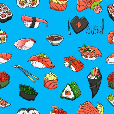 Suşi ve rulo vektör dikişsiz desen. Elle çizilmiş grafikler.