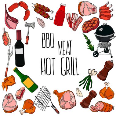 Barbekü ızgara et mangal Restoran parti evde akşam yemeği vektör ürünleri şiş ızgara mutfak ekipman düz illüstrasyon et yemek için aile yaz saati 