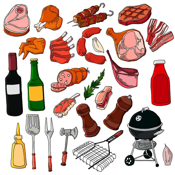 Gastronomic Meat Products Cartoon Style Vector Icons Steak Bacon Sausage — Stock Vector