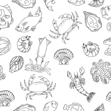 Deniz ürünleri el çizilmiş Dikişsiz desen. Poster, sarma kağıdı için tasarım elemanı. kesintisiz arka plan
