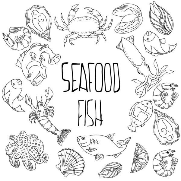 套手工绘制的海鲜 健康食品图纸设置元素的菜单设计 矢量插图 — 图库矢量图片#