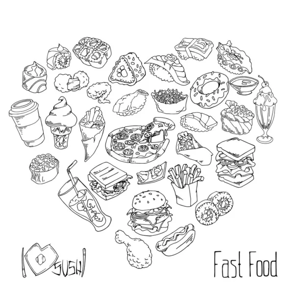 Ρυθμίστε Περίγραμμα Φαγητού Και Ποτού Γρήγορο Φαγητό Και Σούσι Απεικόνιση — Διανυσματικό Αρχείο