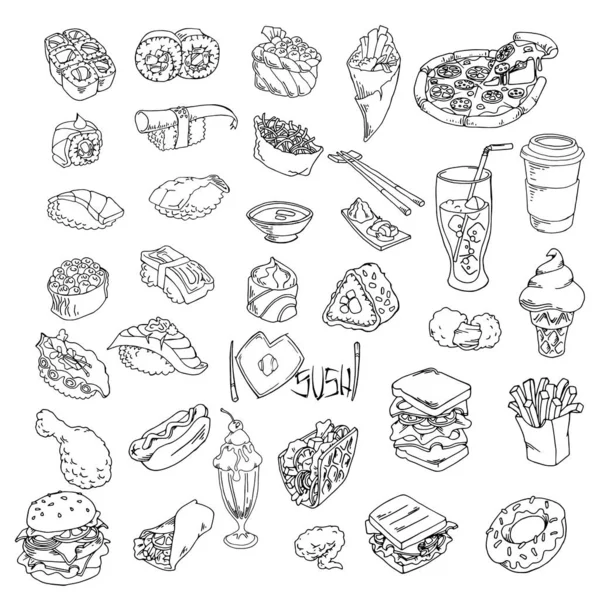 Establecer Bocetos Mano Garabato Comida Rápida Sushi Vector Conjunto Para — Archivo Imágenes Vectoriales