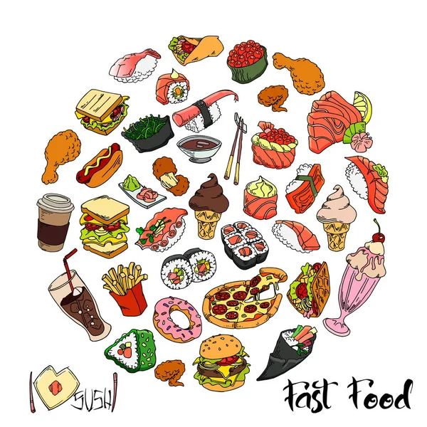 Set El skeçler Doodle gıda hızlı gıda ve suşi, vektör tasarım seti.