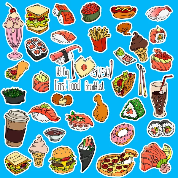 Set El skeçler Doodle gıda hızlı gıda ve suşi, vektör tasarım seti.