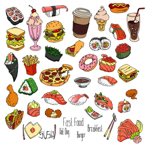 设置手工素描涂鸦快餐和寿司 矢量集为您的设计 — 图库矢量图片#