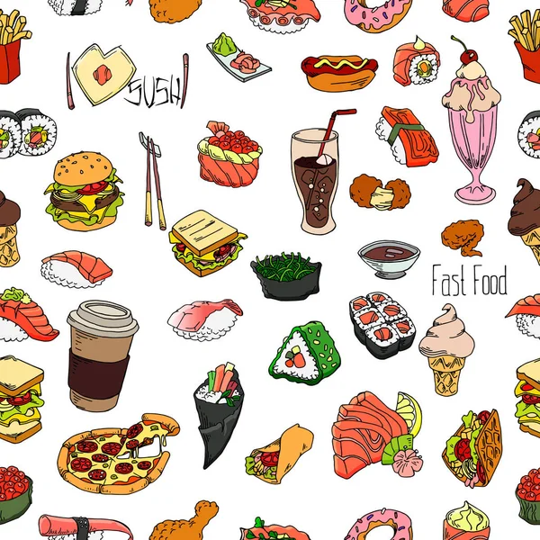一套食品和饮料轮廓无缝模式 手绘快餐和寿司 矢量插图 — 图库矢量图片#