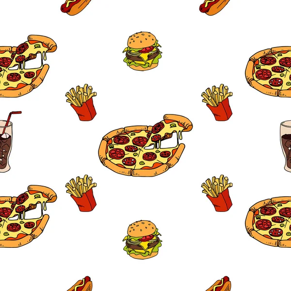 seamless pattern of fast food, pizza, hot dog, french fries for your menu