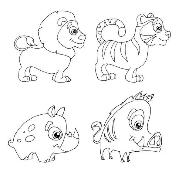 Sada Doodků Ručně Kreslené Africké Zvířátka Lev Tygr Kanec Nosorožec — Stockový vektor