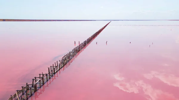Pembe Bir Göl Genichesk Ukrayna Tuz Toplamak Için Ahşap Yapıların — Stok fotoğraf