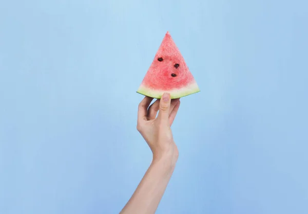 Hand Holding Slice Ripe Watermelon Blue Background — Stock Photo, Image