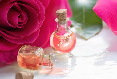 Gül çiçek ve uçucu yağ. Aromaterapi ve Spa.