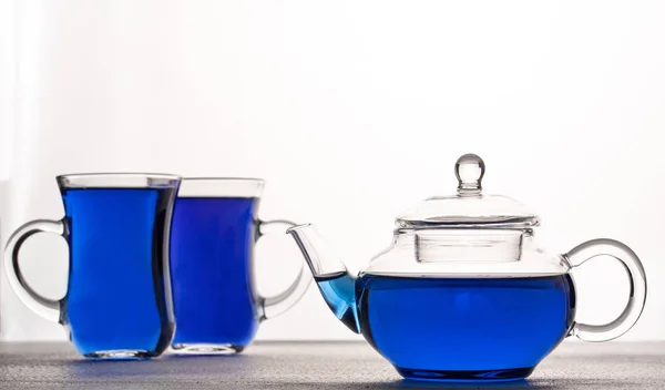 Κύπελλο Και Teapot Πεταλούδα Μπιζέλι Τσάι Που Απομονώνονται Λευκό Φόντο — Φωτογραφία Αρχείου