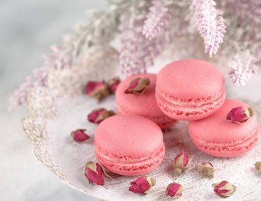 Pembe macaroons vintage bir tabak ve kurutulmuş çiçek tomurcukları. Pastel renkli