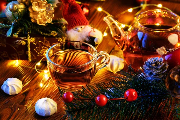 New Year Decor Meringue Cup Tea Christmas Decorations — Stock Photo, Image