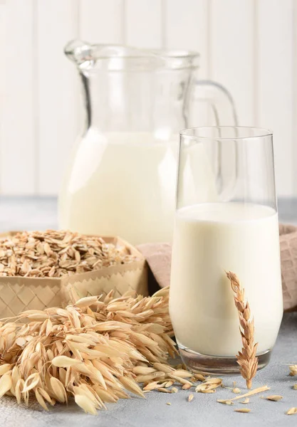 The concept of a vegetarian diet. Oat milk in the glass with jug of oat milk and oat and oat ears. Light background