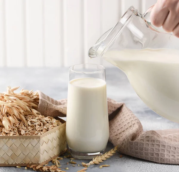 Concept Vegetarian Diet Oat Milk Glass Jug Oat Milk Oat — Stock Photo, Image