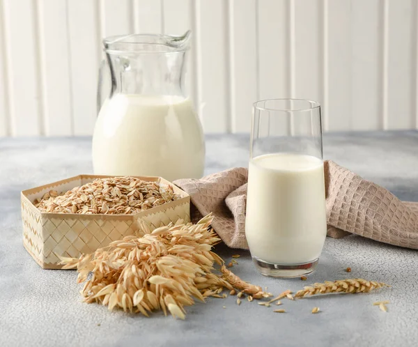 Concept Vegetarian Diet Oat Milk Glass Jug Oat Milk Oat — Stock Photo, Image