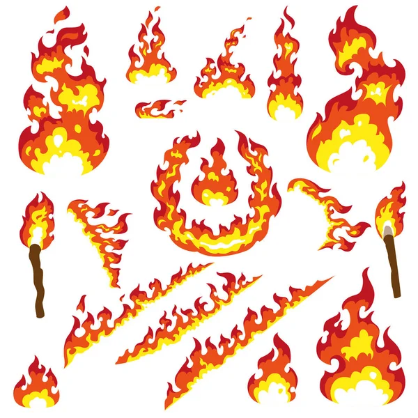 Conjunto Elementos Fier Hoguera Fuego Antorcha Flambeau Fuego Campamento Anillo — Archivo Imágenes Vectoriales