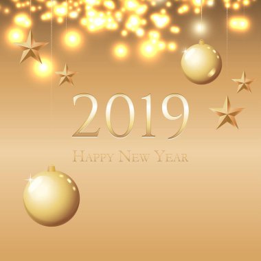 Tebrik - 2019 mutlu yeni yıl kartı. Resimde altın Noel topları, ışık, yıldız ve metin için yer. Afiş, poster, davet ya da yeni yıl 2019 Eve parti kutlamaları için banner.