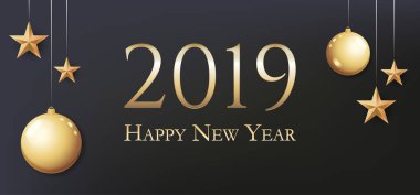 Tebrik - 2019 mutlu yeni yıl kartı. Resimde altın Noel topları, ışık, yıldız ve metin için yer. Afiş, poster, davet ya da yeni yıl 2019 Eve parti kutlamaları için banner.