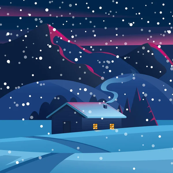 Casa Paisaje Navidad Bosque Invierno Paisaje Nocturno Con Montañas Una — Vector de stock