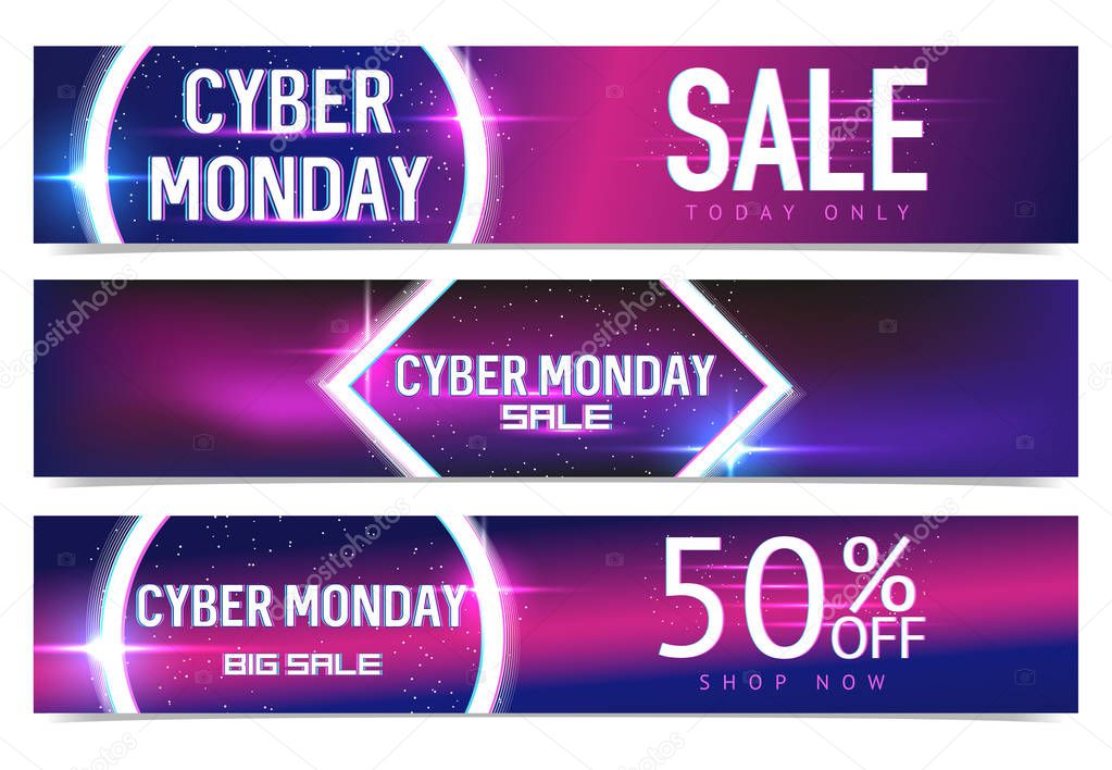 Set of Banners for cyber Monday sale with neon and glitch effects. Cyber Monday, online shopping and marketing templates. Poster design. Vector illustration.
