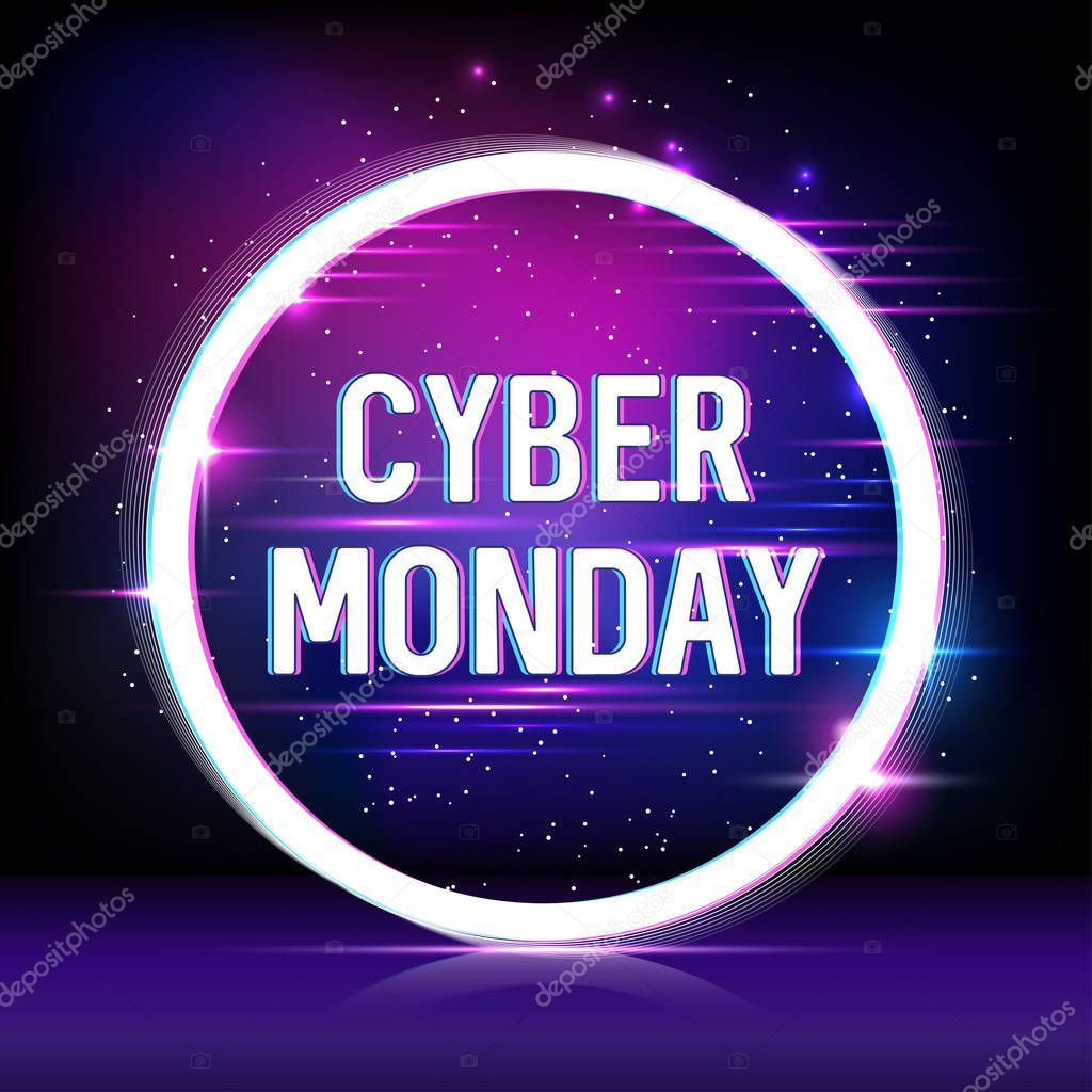 Cyber Monday, online shopping and marketing concept. Banner for cyber monday sale with glitch effects. Poster design. Vector illustration.