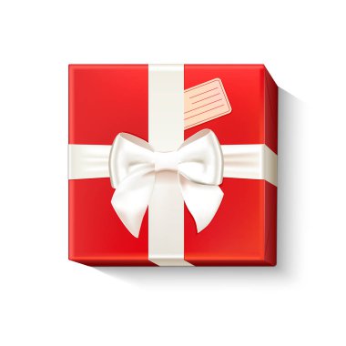 Gerçekçi dekoratif hediye kırmızı kutusu beyaz yay ve kurdele ile. Metin için yer ile. Üstten görünüm. Noel başlık sayfası, poster tasarımı.