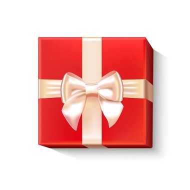 Gerçekçi dekoratif hediye kırmızı kutusu beyaz yay ve kurdele ile. Üstten görünüm. Noel afiş, poster tasarımı. Vektör çizim