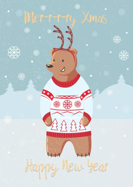 有熊的圣诞卡 熊与鹿的角 祝贺圣诞快乐 新年快乐 海报模板 扁平复古风格 — 图库矢量图片