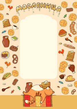 Shrovetide veya Maslenitsa şablon tasarım menüsünden, afiş, poster için. Metin için yer. Hafta gıda gözleme: gözleme, ekşi krema, kırmızı havyar, calach, borsch, yağ, şeker, şeker. Yazıt - Shrovetide