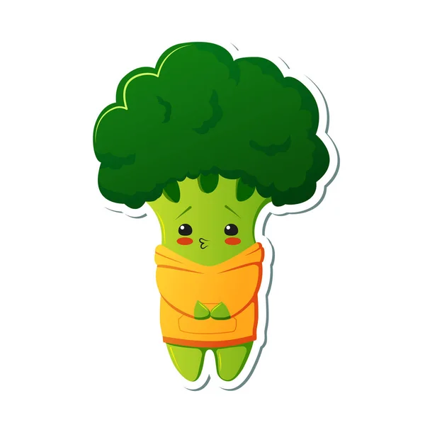 Sticker kawaii broccoli character. Cute broccoli in yellow hoodies. — Stock Vector