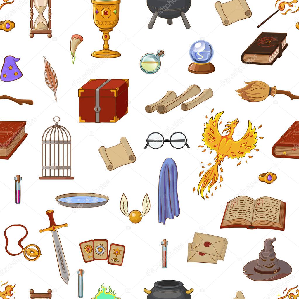 Magic pattern with: wizard, hat, magic book, roll, potion, broom, crystal ball, glasses, snitch.