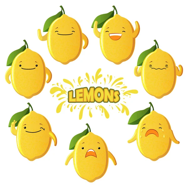 Kesme limon karakterleri ayarlayın. Beyaz arka planda izole sevimli meyve vektör karakterleri — Stok Vektör