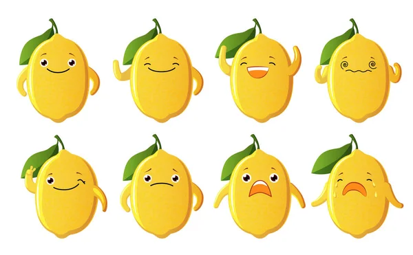 Встановити розрізані символи лимона. Симпатичні фруктові символи ізольовані на білому тлі — стокове фото