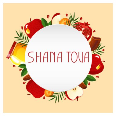 Sancağı Shana Tova şablonu. Bal, shofar, elma, nar, havuç, palmiye ile yeni yıl afiş.