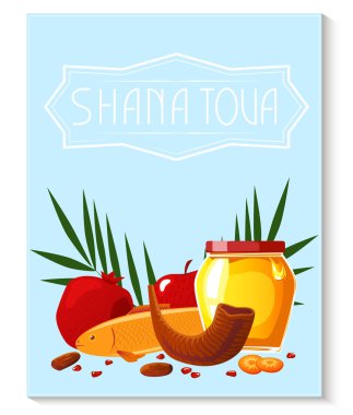 Sancağı Shana Tova şablonu. Bal, shofar, elma, nar, balık, havuç, palmiye ile yeni yıl afiş.