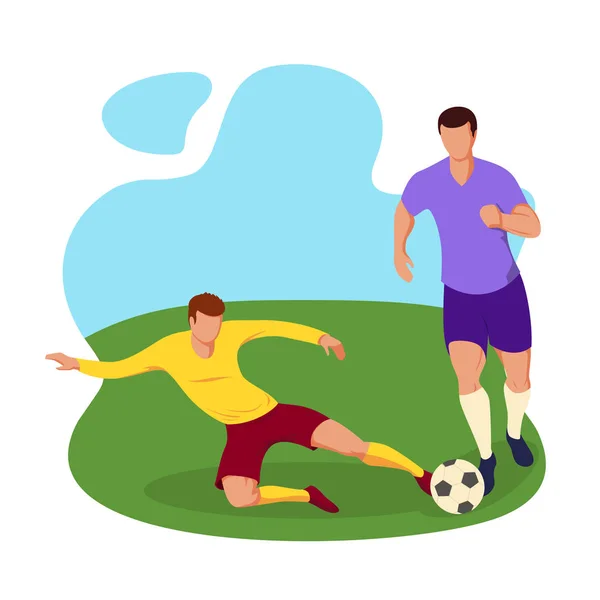 Fußballer, die Ball kicken. Fußballer spielen zum Fußball. grünes Gras und blauer Himmel. — Stockvektor