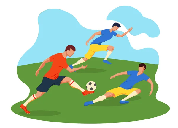 Fußballer, die Ball kicken. Fußballer spielen zum Fußball. grünes Gras und blauer Himmel. — Stockvektor
